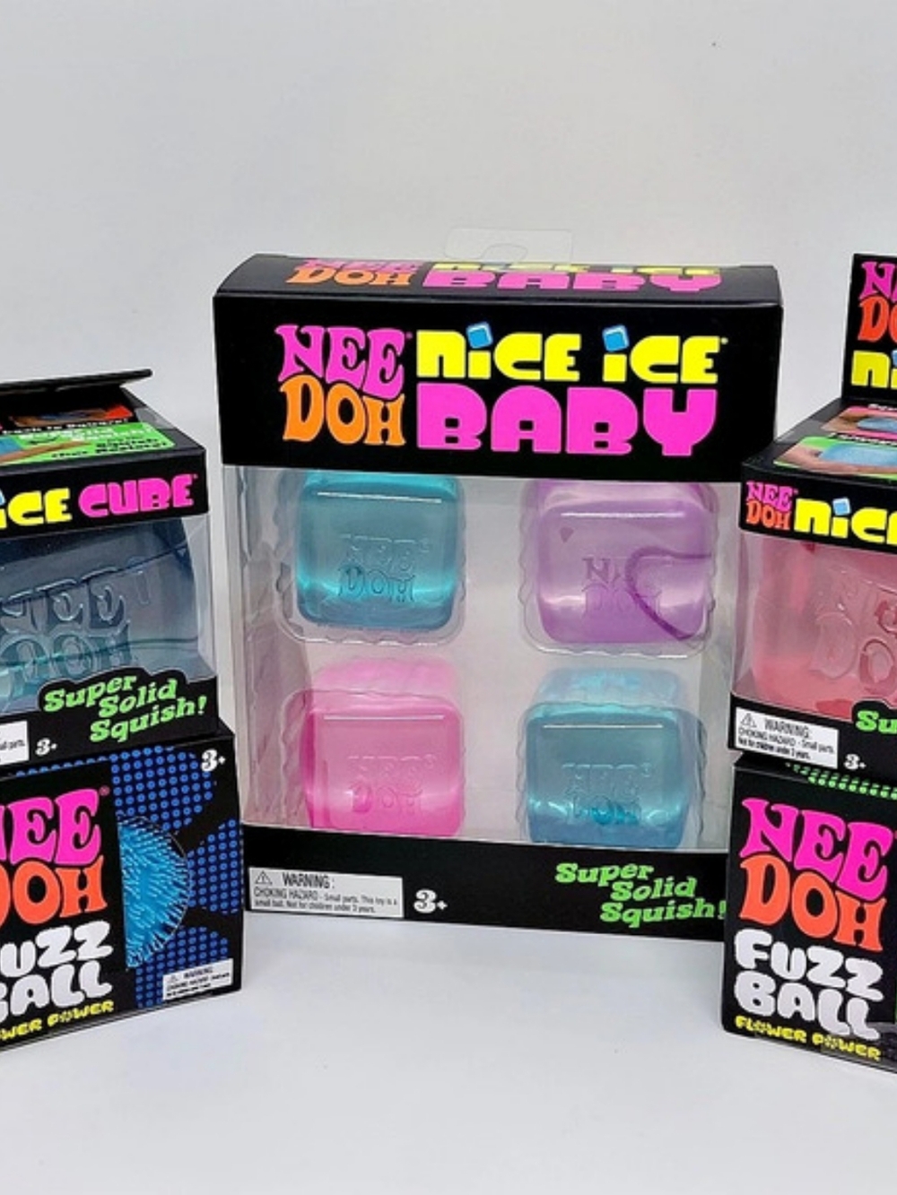 Huge Needoh Squishy Lot Needoh Nice Ice Baby, 2 Nice Cubes, & 2 Fuzz Balls